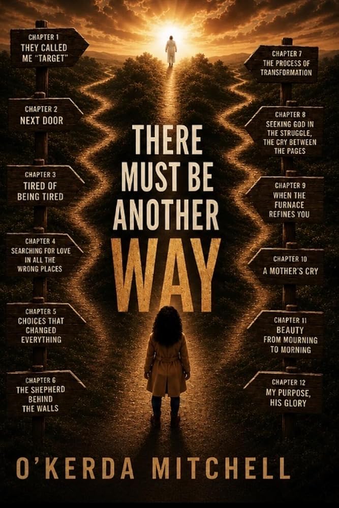 book cover with character on a straight and narrow walkway with sighs going in other directions